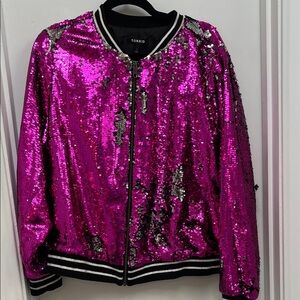 EUC Torrid Fuchsia/Silver Flip Sequin Bomber Jacket with Black Trim 14/16